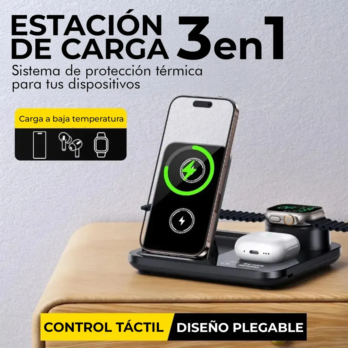 Cargador inalámbrico magnético 3 en 1 de color negro